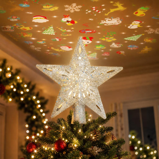 StarShow star tree topper projecting Christmas images on the ceiling