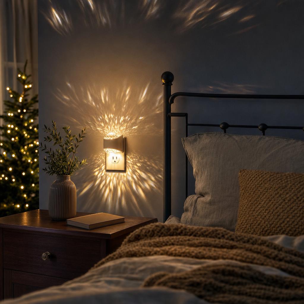 Crystal Glow night light projecting warm starlight in a cozy bedroom